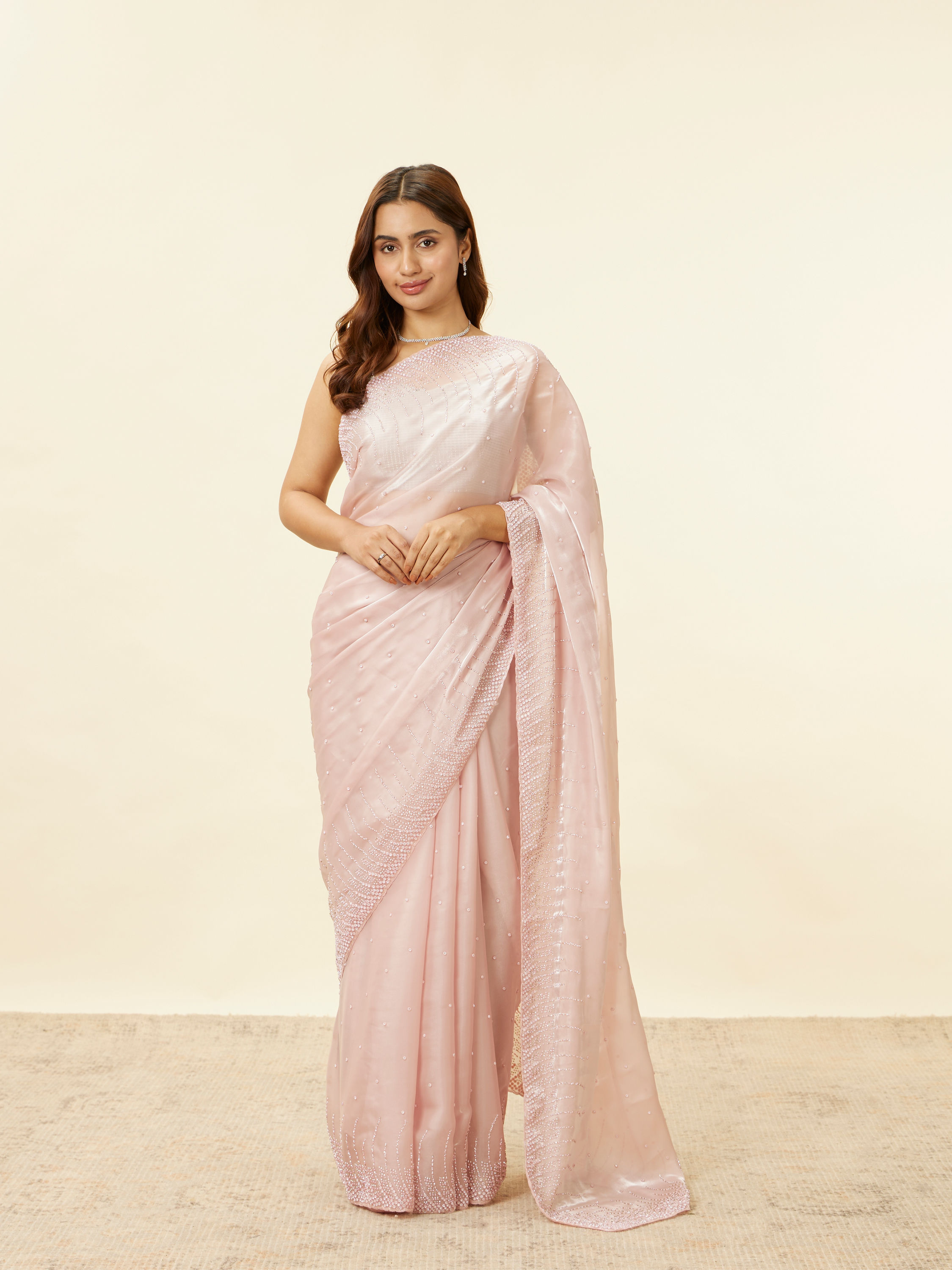 Mohey Women Lotus Pink Stone Work Saree