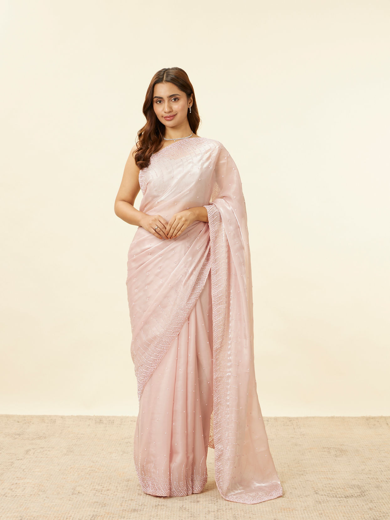 alt message - Mohey Women Lotus Pink Stone Work Saree image number 0