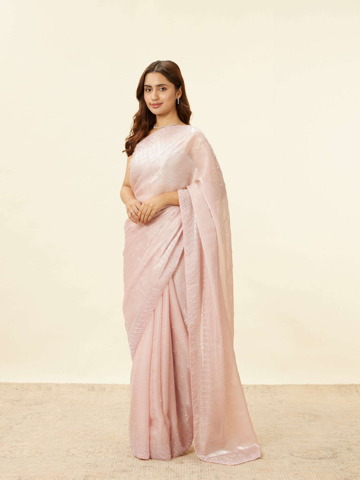 Mohey Women Lotus Pink Stone Work Saree