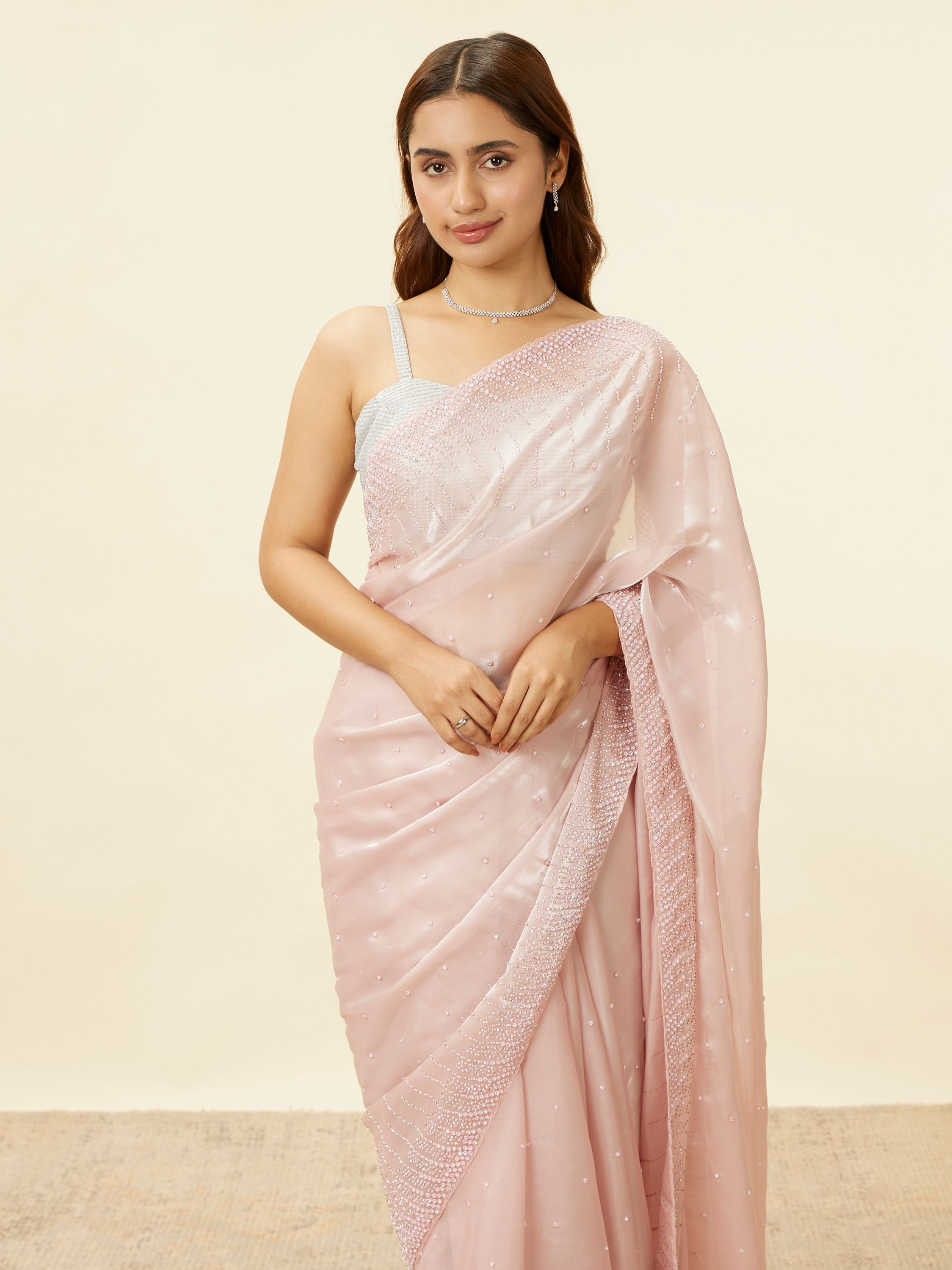 Mohey Women Lotus Pink Stone Work Saree