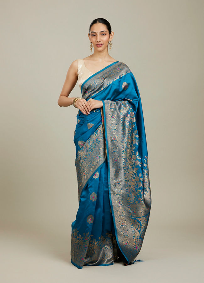 Mohey Women Teal Blue Patterned Saree image number 0