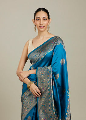 Mohey Women Teal Blue Patterned Saree image number 1