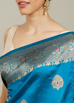 Mohey Women Teal Blue Patterned Saree image number 3