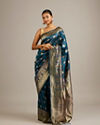 Teal Blue Buta Patterned Saree with Bel Buti Borders And Paisley Motifs