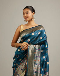 Mohey Women Teal Blue Buta Patterned Saree with Bel Buti Borders And Paisley Motifs