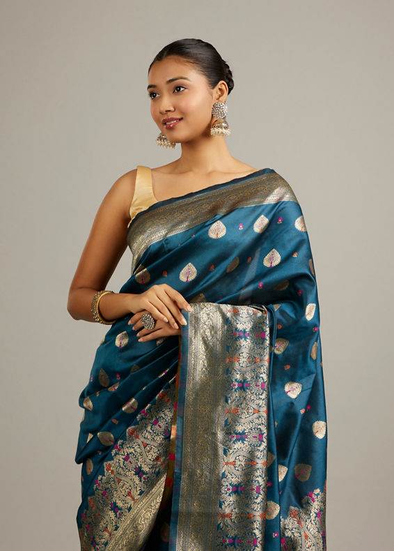 Mohey Women Teal Blue Buta Patterned Saree with Bel Buti Borders And Paisley Motifs