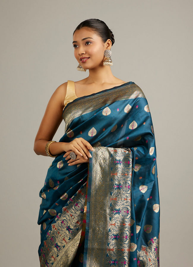 Mohey Women Teal Blue Buta Patterned Saree with Bel Buti Borders And Paisley Motifs