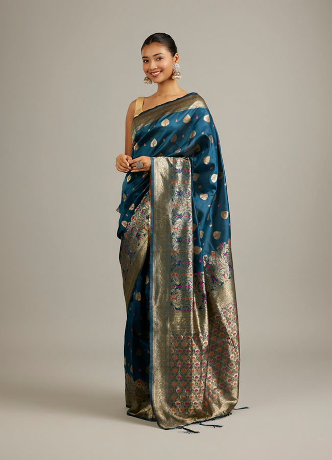 Mohey Women Teal Blue Buta Patterned Saree with Bel Buti Borders And Paisley Motifs