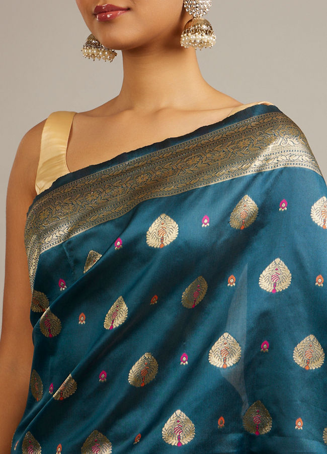 Mohey Women Teal Blue Buta Patterned Saree with Bel Buti Borders And Paisley Motifs