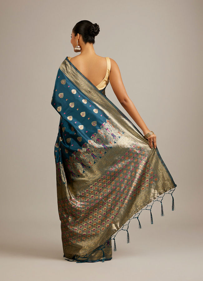 Mohey Women Teal Blue Buta Patterned Saree with Bel Buti Borders And Paisley Motifs