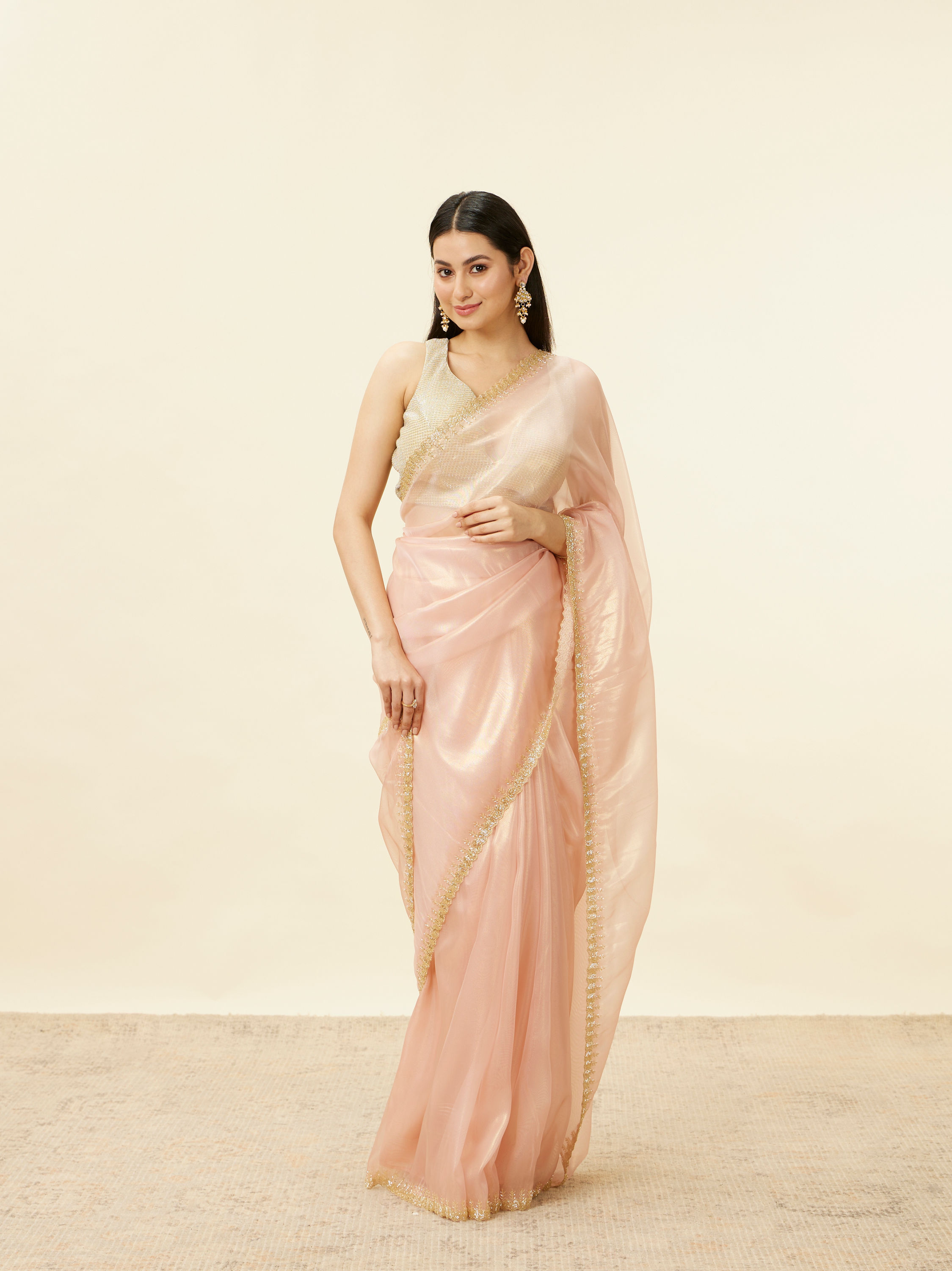 Mohey Women Coral Pink Cutdana Work Saree