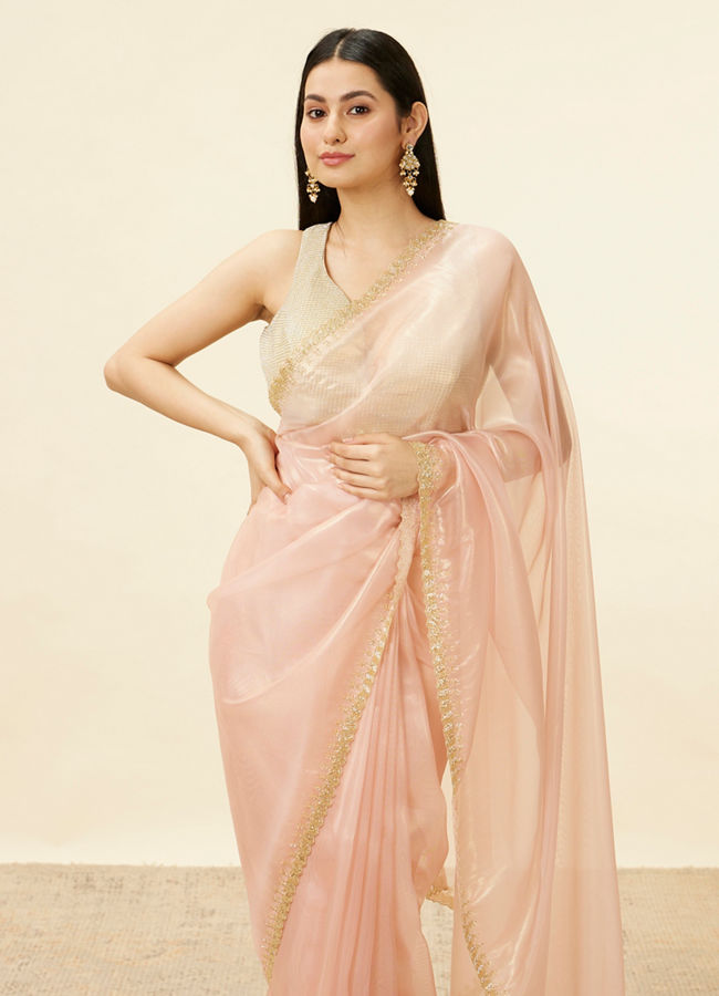 Mohey Women Coral Pink Cutdana Work Saree