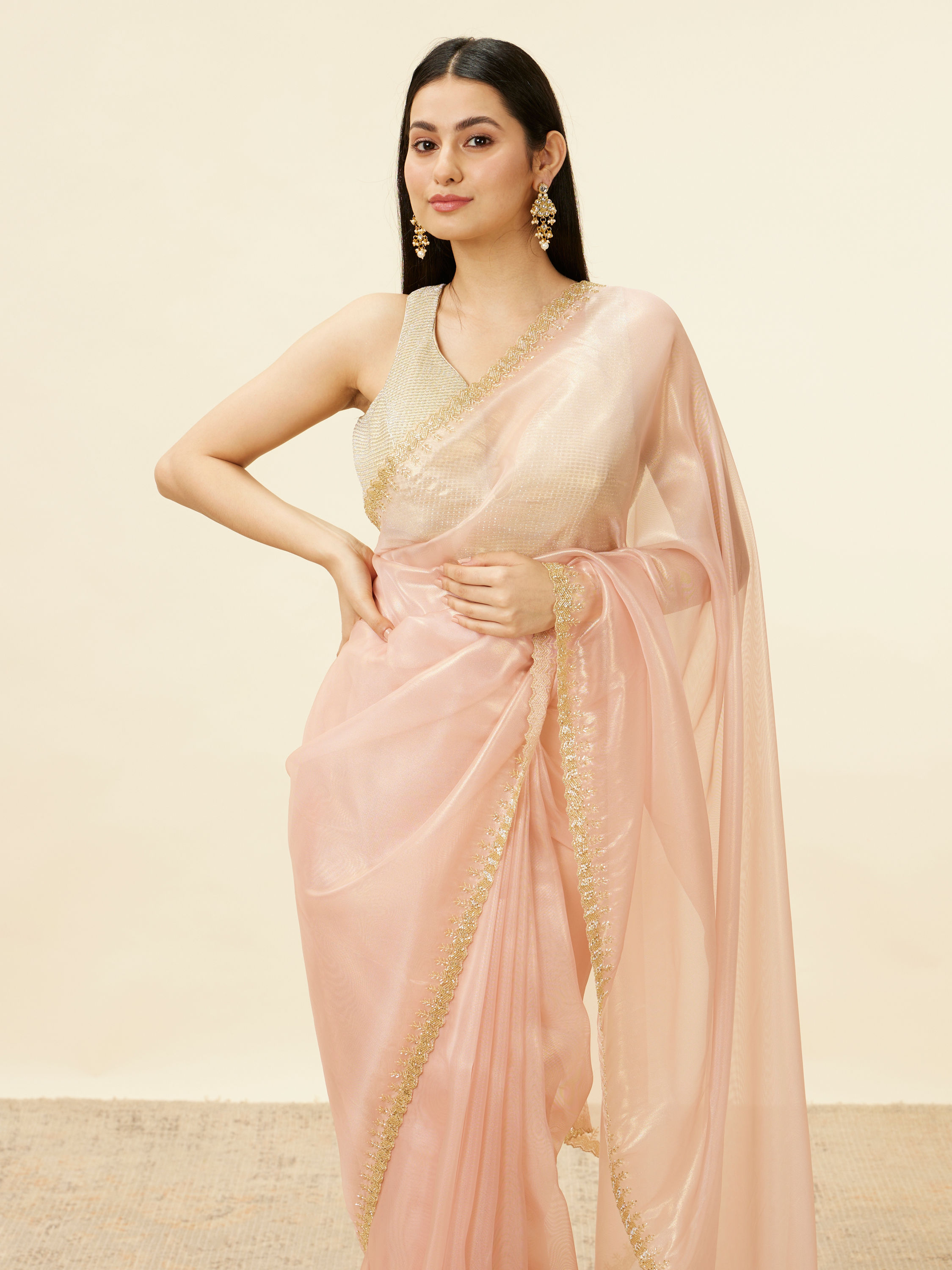 Mohey Women Coral Pink Cutdana Work Saree