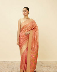 Mohey Women Shell Pink Chanderi Saree with Botanical Prints