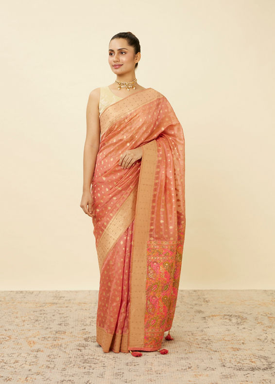 Mohey Women Shell Pink Chanderi Saree with Botanical Prints