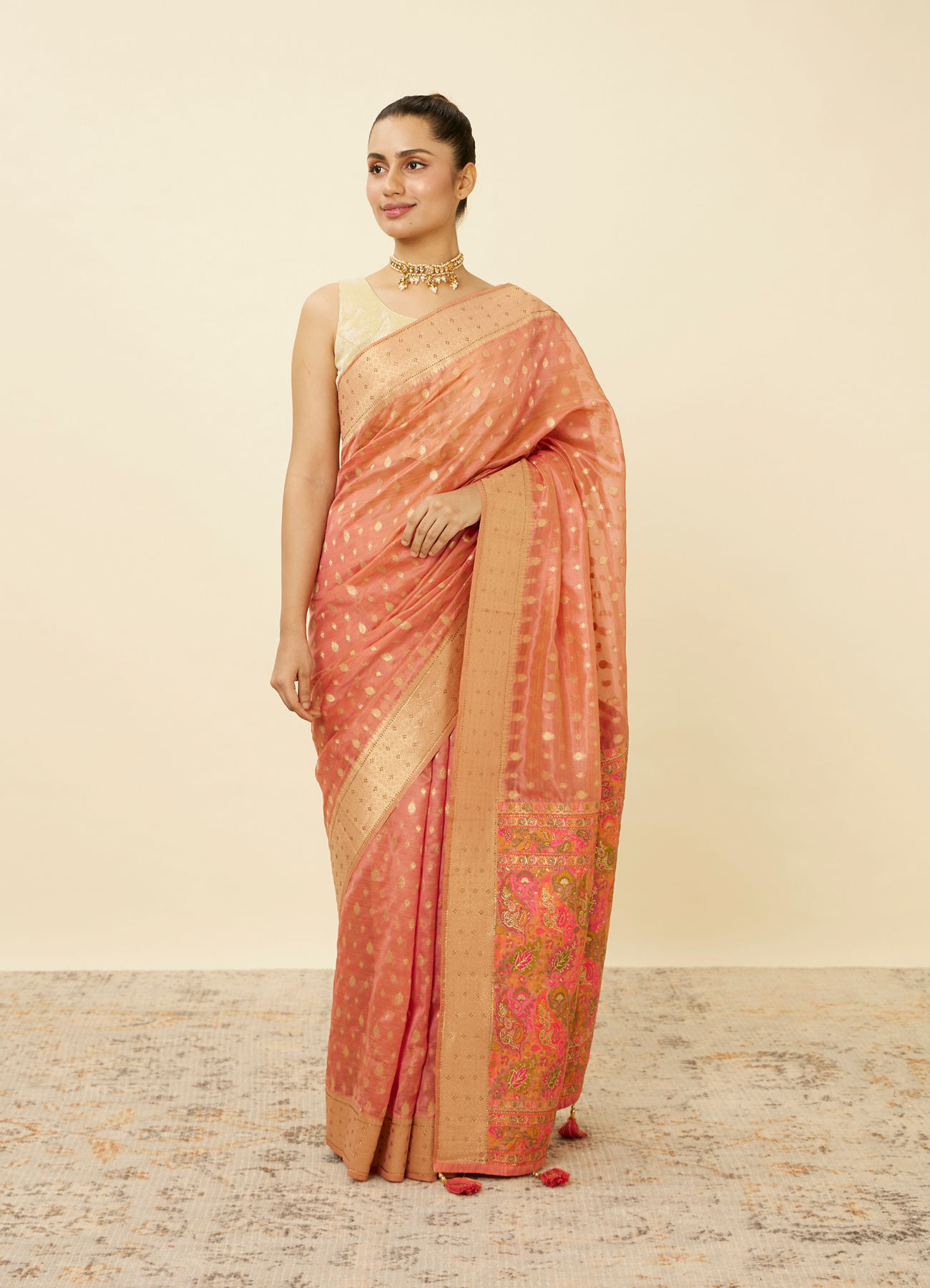 Mohey Women Shell Pink Chanderi Saree with Botanical Prints