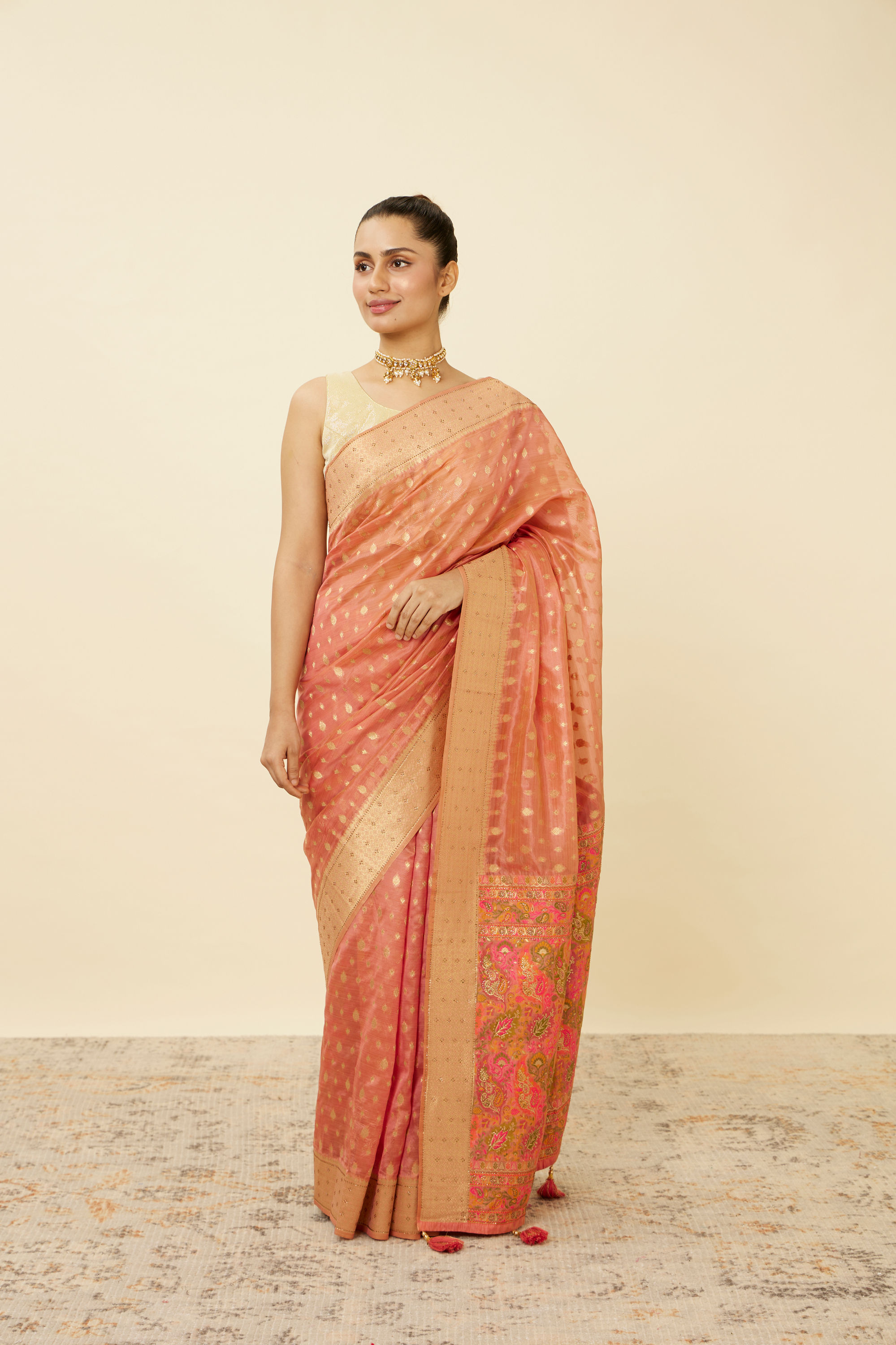 Mohey Women Shell Pink Chanderi Saree with Botanical Prints