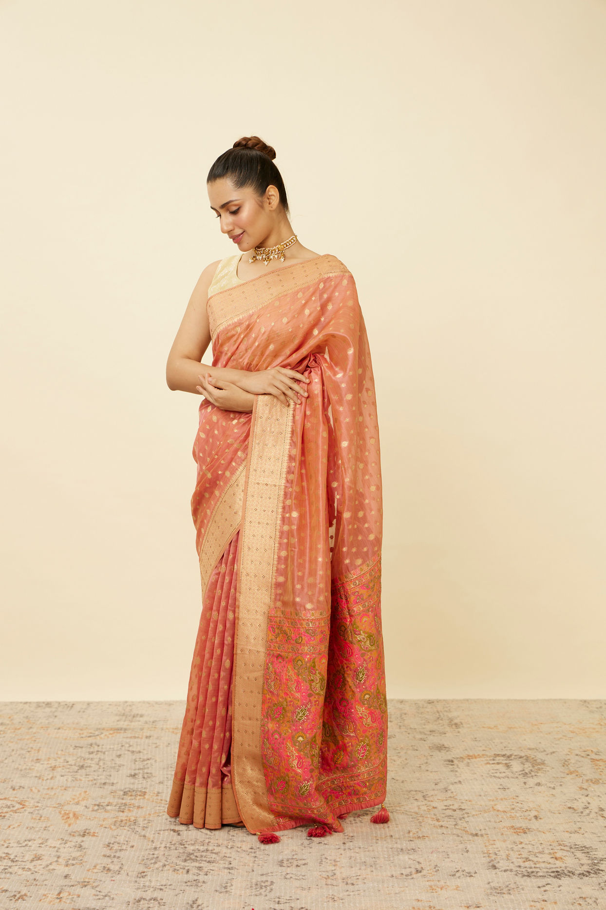 Shell Pink Chanderi Saree with Botanical Prints image number 3
