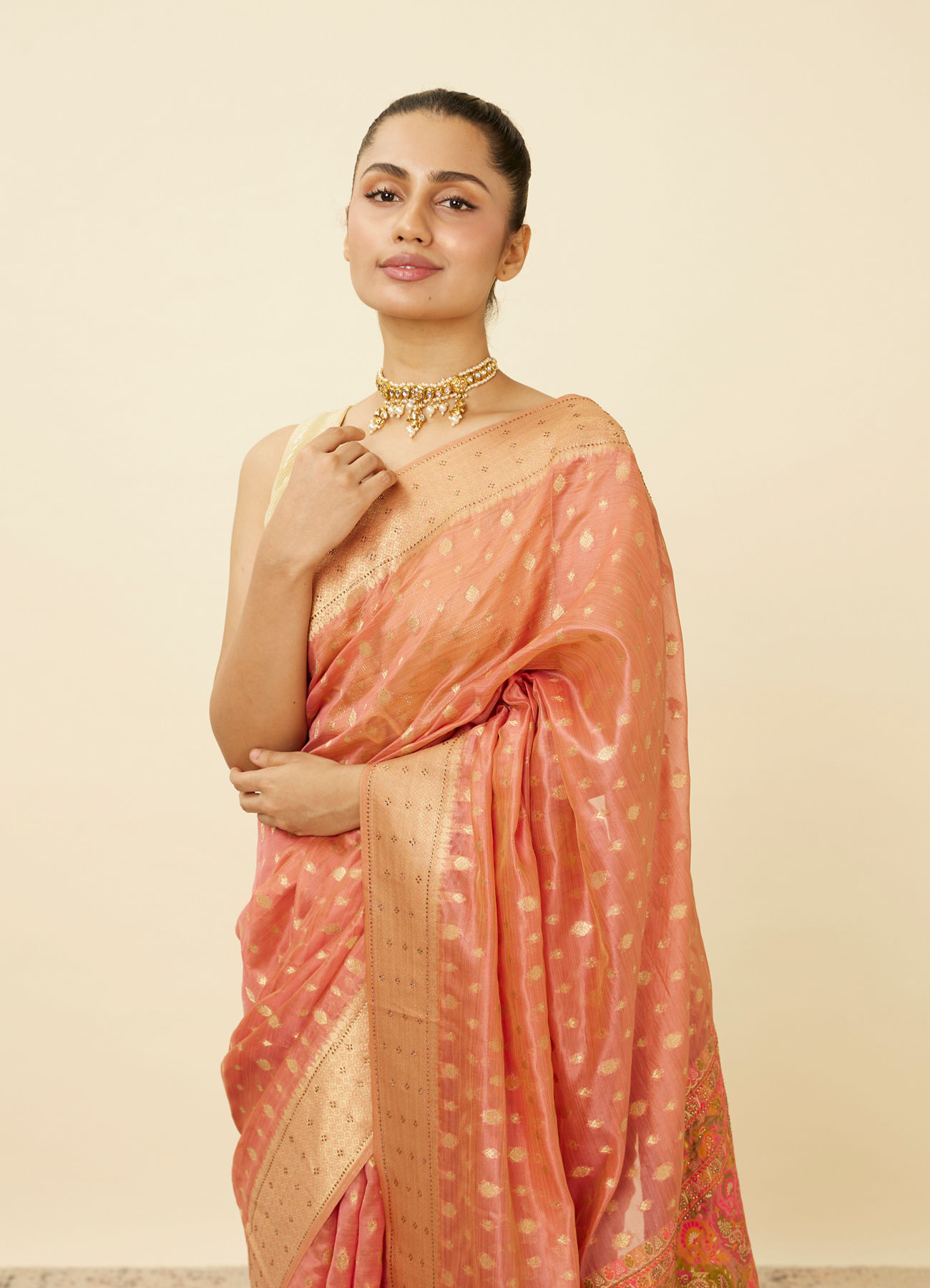 Mohey Women Shell Pink Chanderi Saree with Botanical Prints