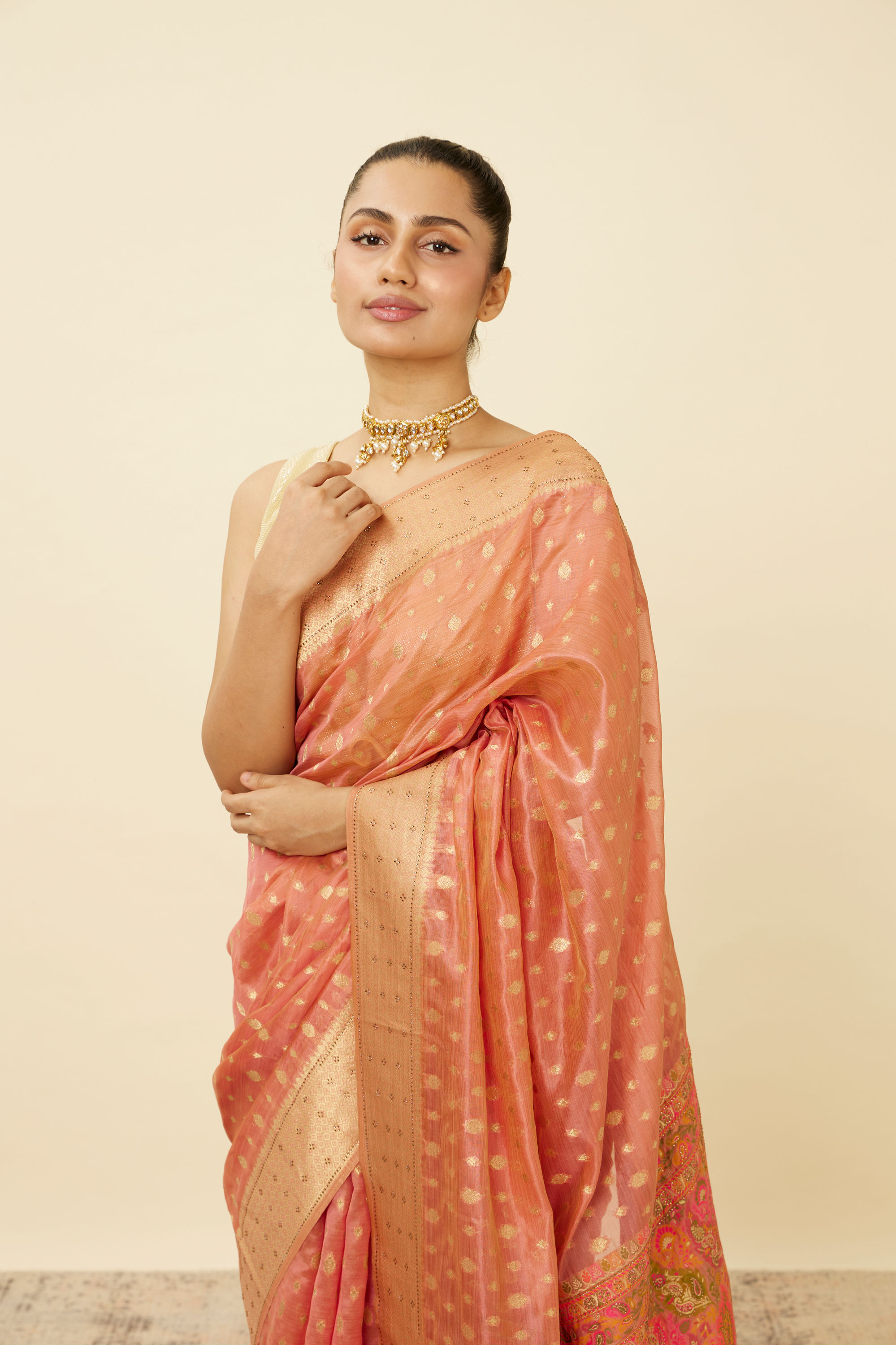 Mohey Women Shell Pink Chanderi Saree with Botanical Prints