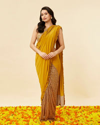 Mohey Women Mustard Yellow and Sage Green Pre Draped Saree with Sequin Work