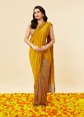 alt message - Mohey Women Mustard Yellow and Sage Green Pre-Draped Saree with Sequin Work image number 0