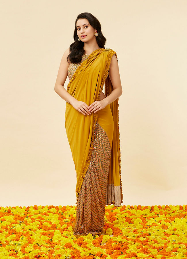 alt message - Mohey Women Mustard Yellow and Sage Green Pre-Draped Saree with Sequin Work image number 0