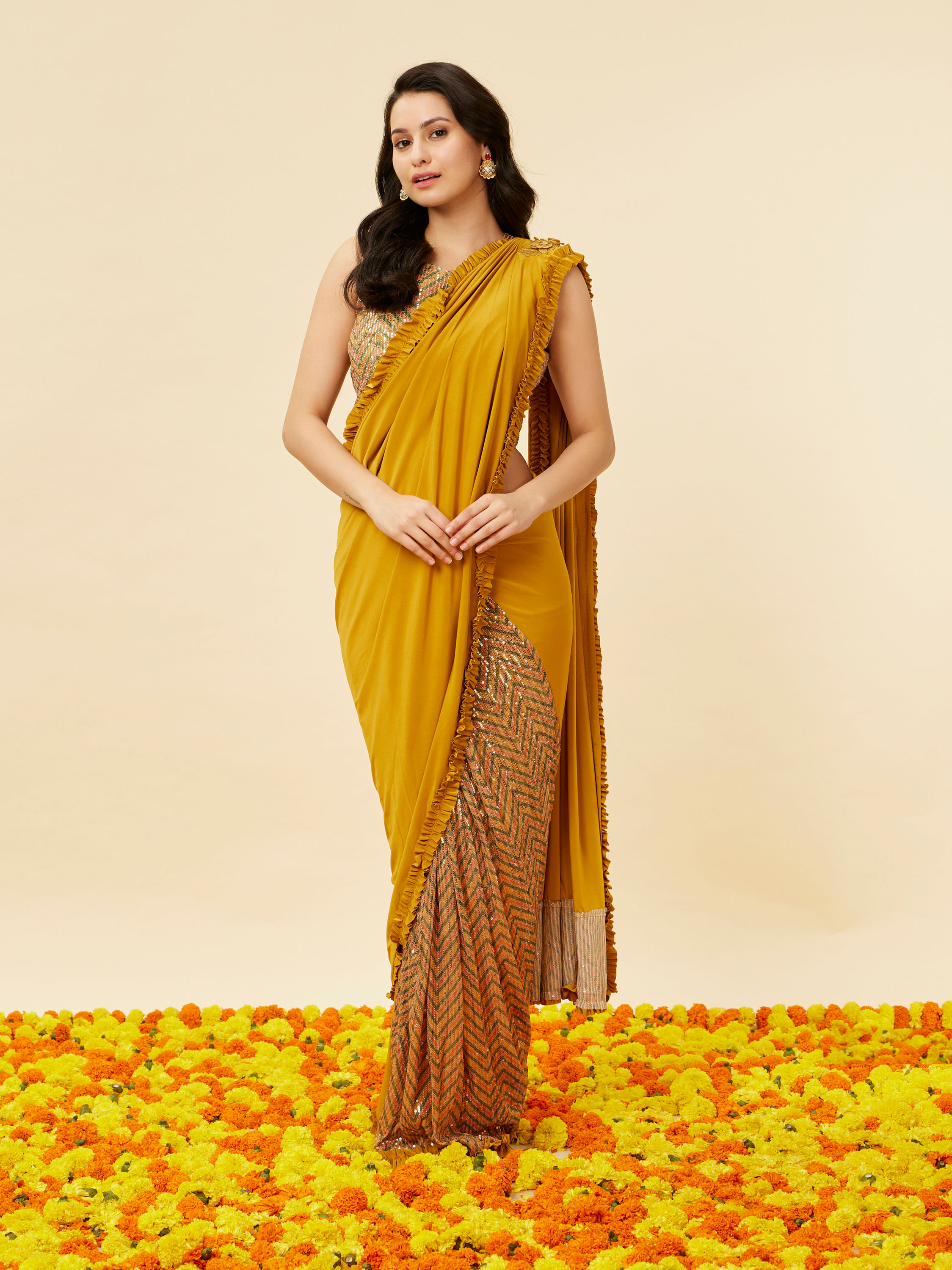 Mohey Women Mustard Yellow and Sage Green Pre Draped Saree with Sequin Work