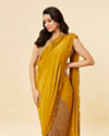 alt message - Mohey Women Mustard Yellow and Sage Green Pre-Draped Saree with Sequin Work image number 1