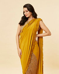 Mohey Women Mustard Yellow and Sage Green Pre Draped Saree with Sequin Work