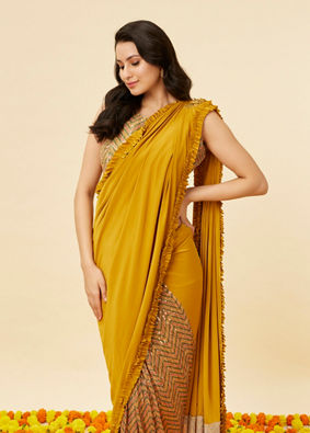 alt message - Mohey Women Mustard Yellow and Sage Green Pre-Draped Saree with Sequin Work image number 1