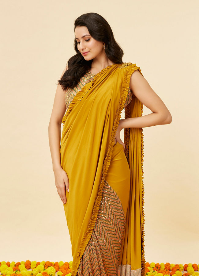 alt message - Mohey Women Mustard Yellow and Sage Green Pre-Draped Saree with Sequin Work image number 1