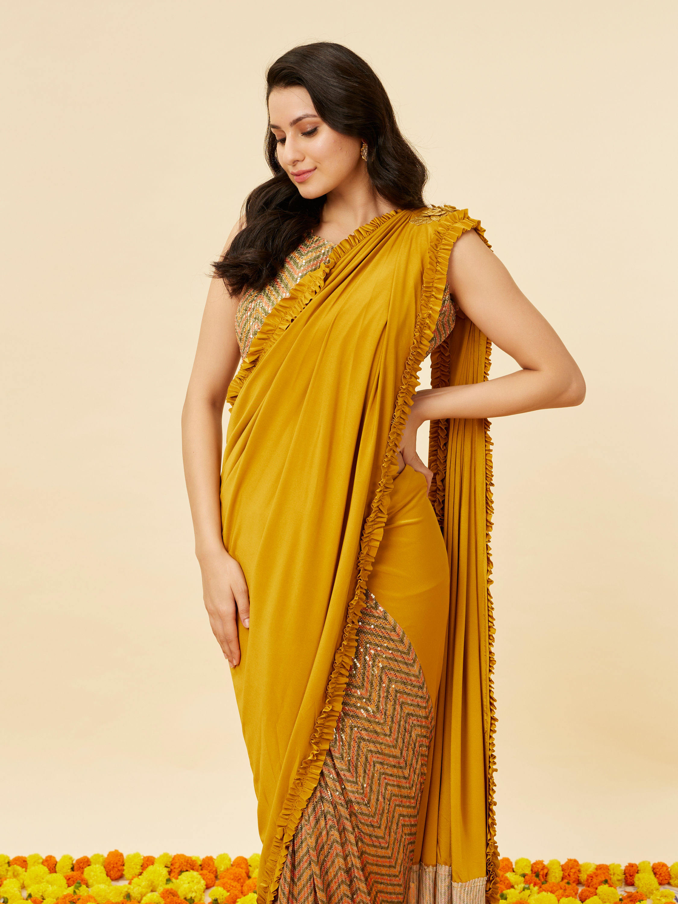 Mohey Women Mustard Yellow and Sage Green Pre Draped Saree with Sequin Work