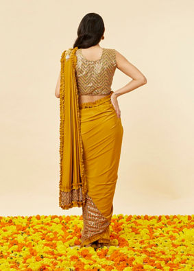 alt message - Mohey Women Mustard Yellow and Sage Green Pre-Draped Saree with Sequin Work image number 2