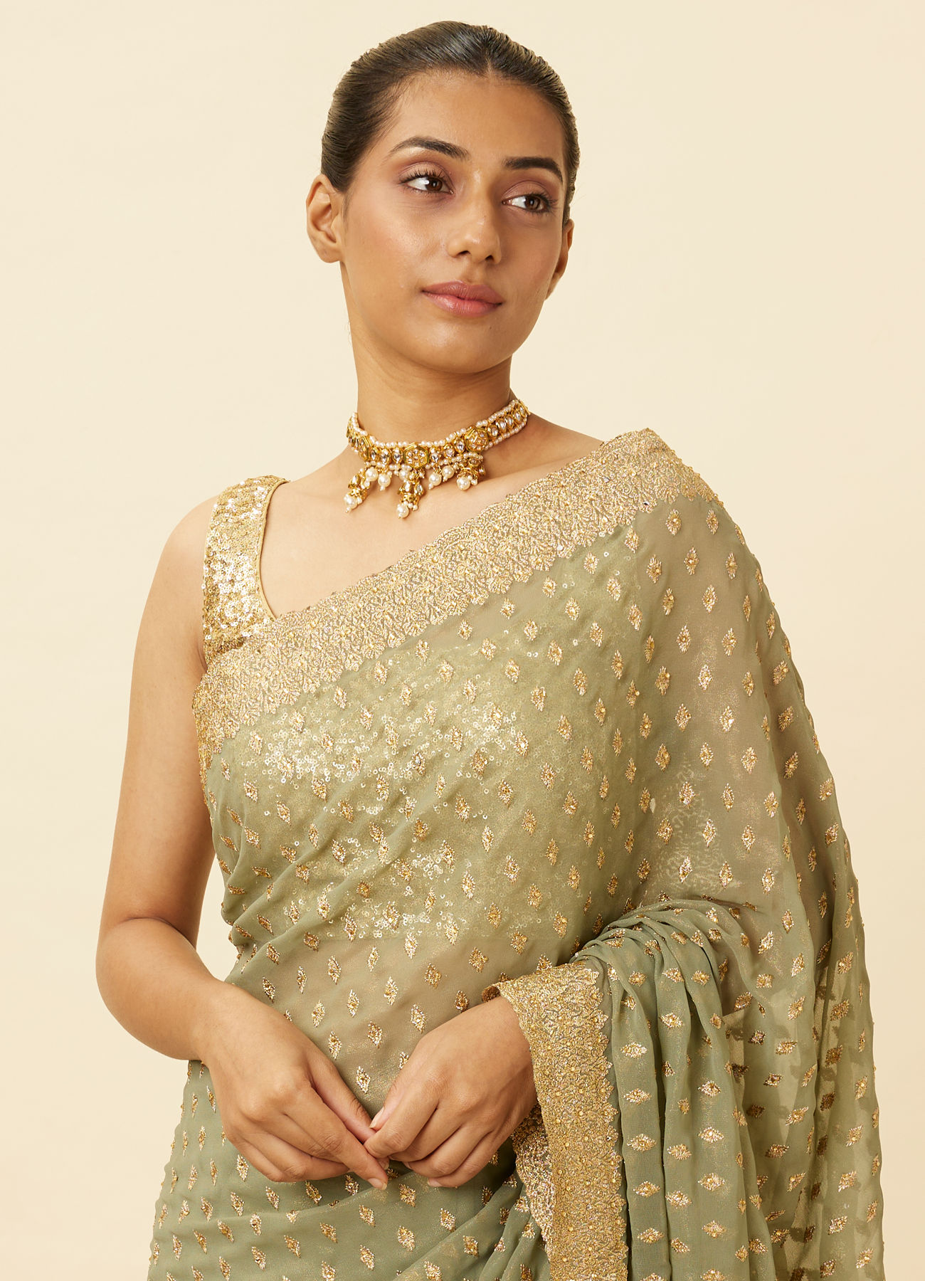 Mohey Women Pistachio Green Diamond Patterned Saree