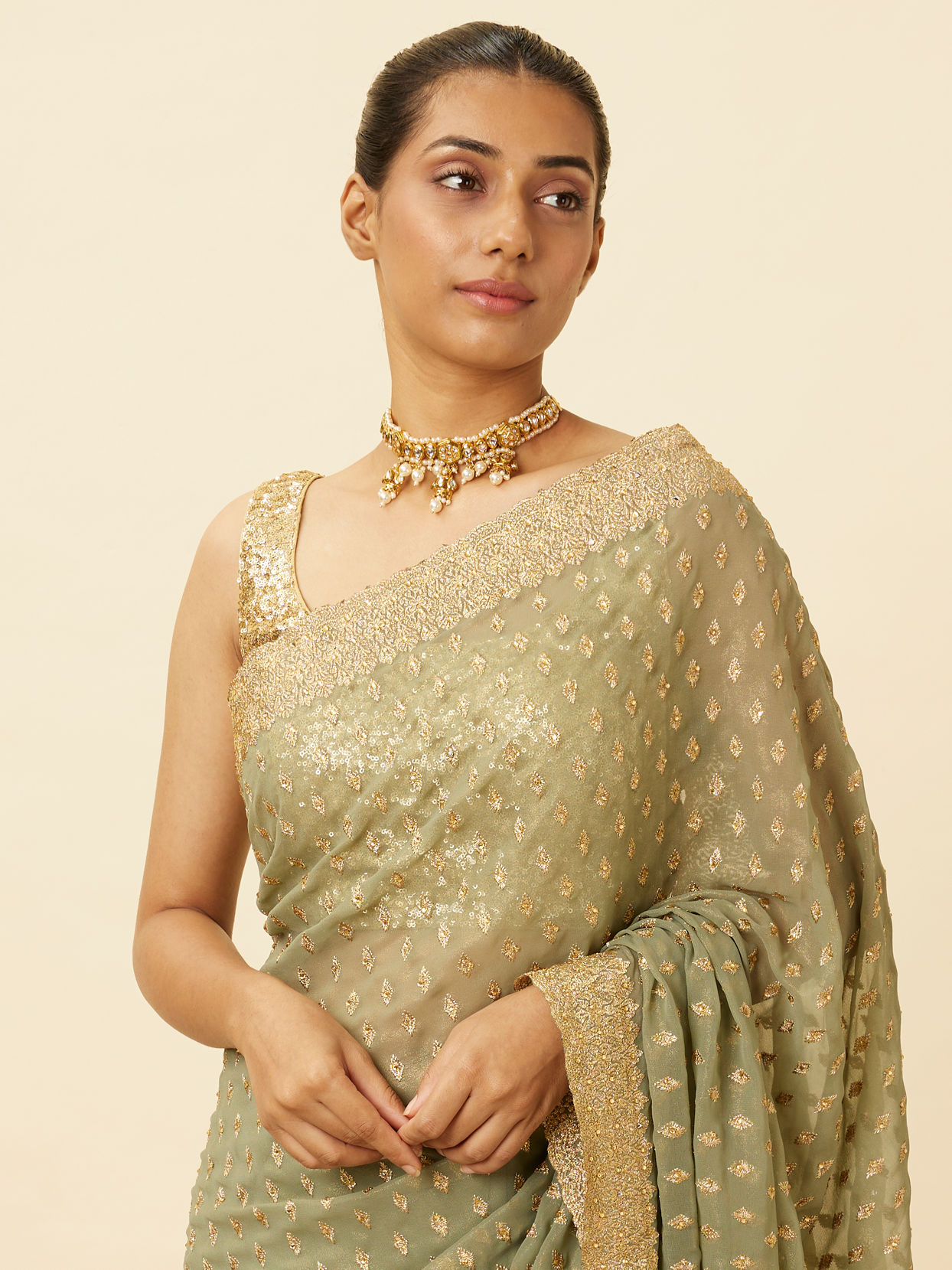 alt message - Mohey Women Pistachio Green Diamond Patterned Saree image number 1