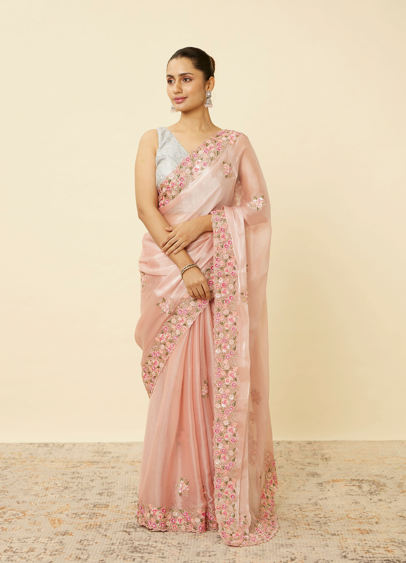 Mohey Women Rose Shadow Pink Floral Patterned Saree