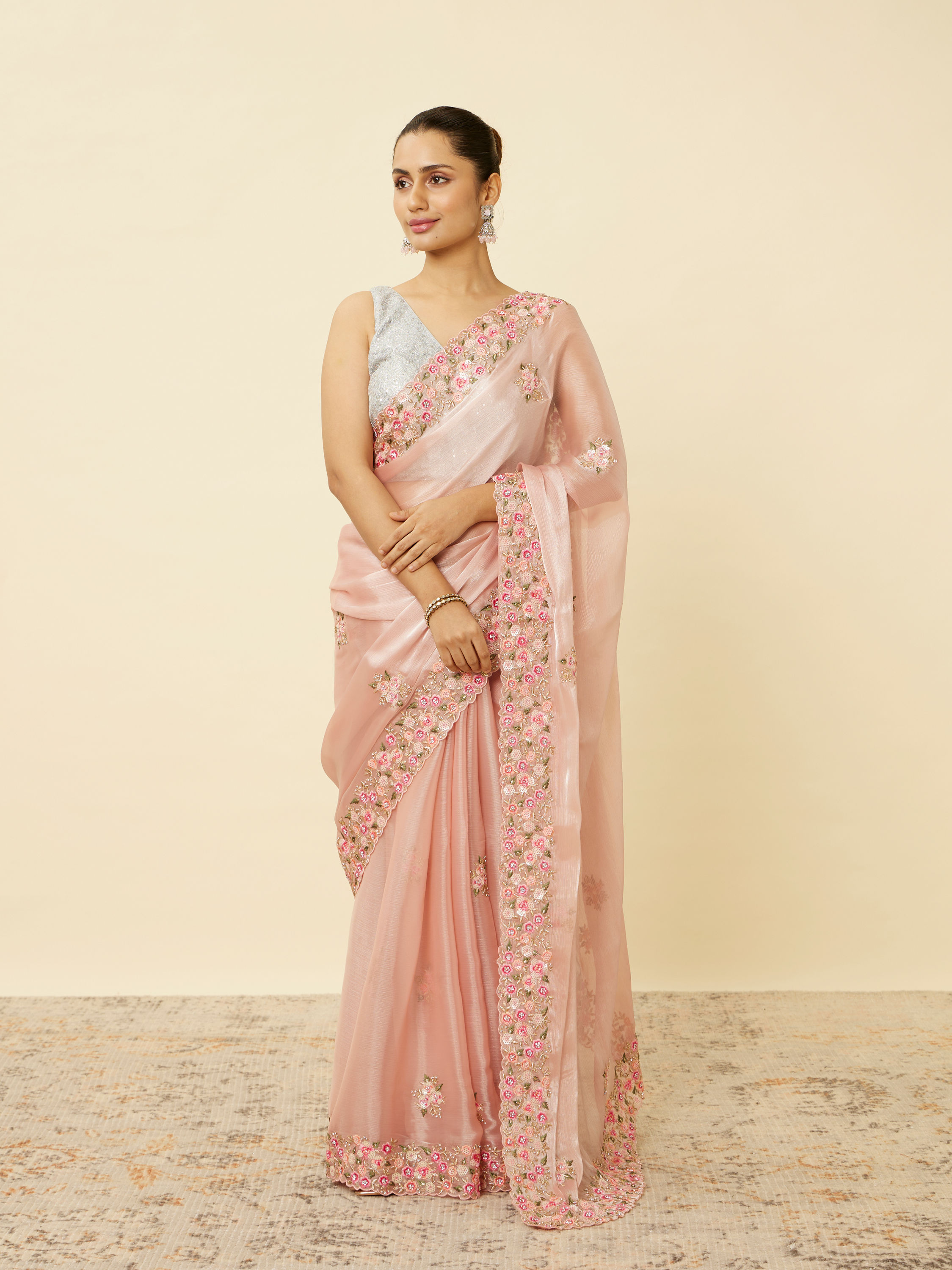 Mohey Women Rose Shadow Pink Floral Patterned Saree