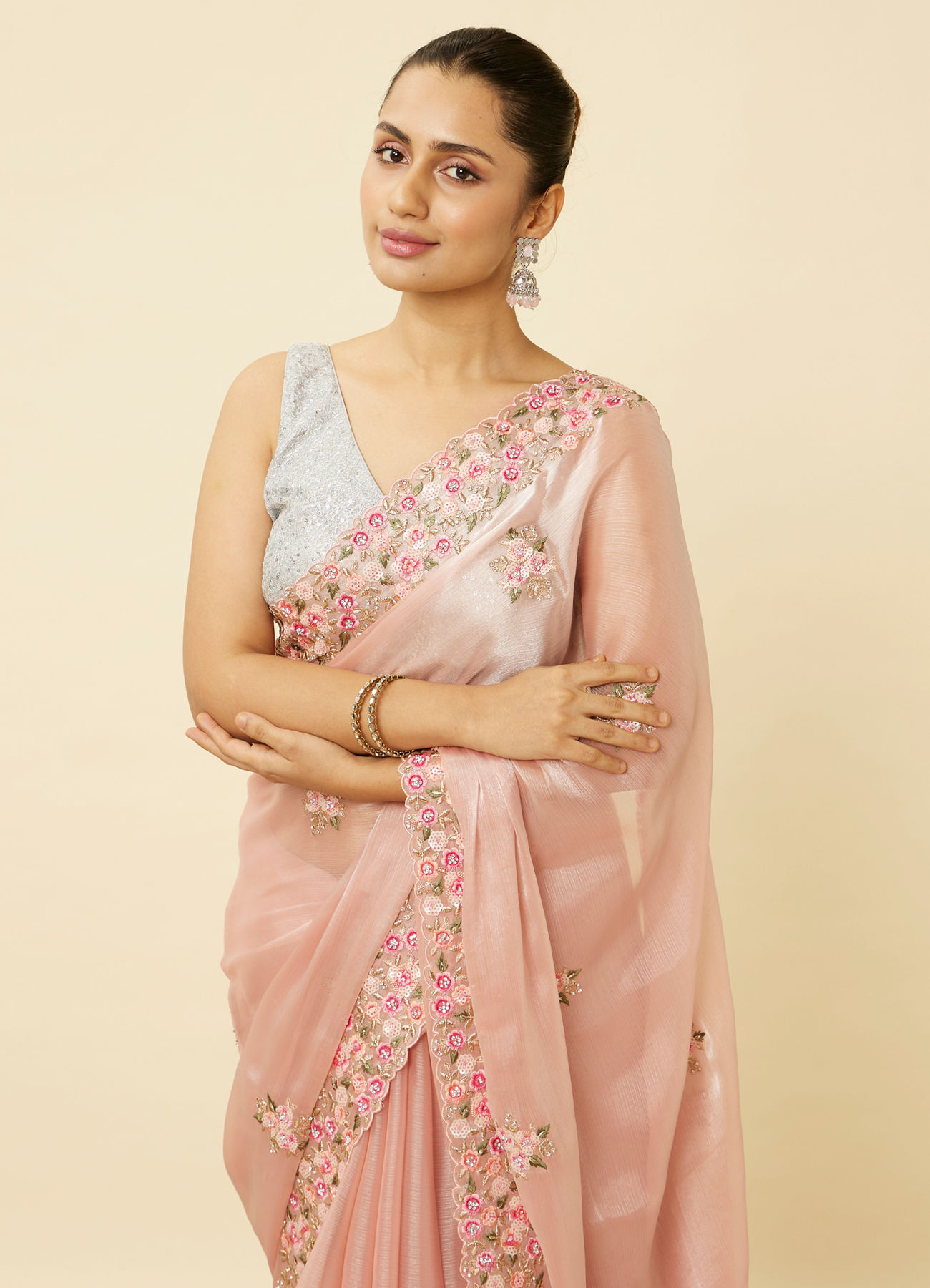 Mohey Women Rose Shadow Pink Floral Patterned Saree