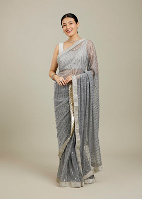 Mohey Women Light Grey Mirror Work Saree image number 0