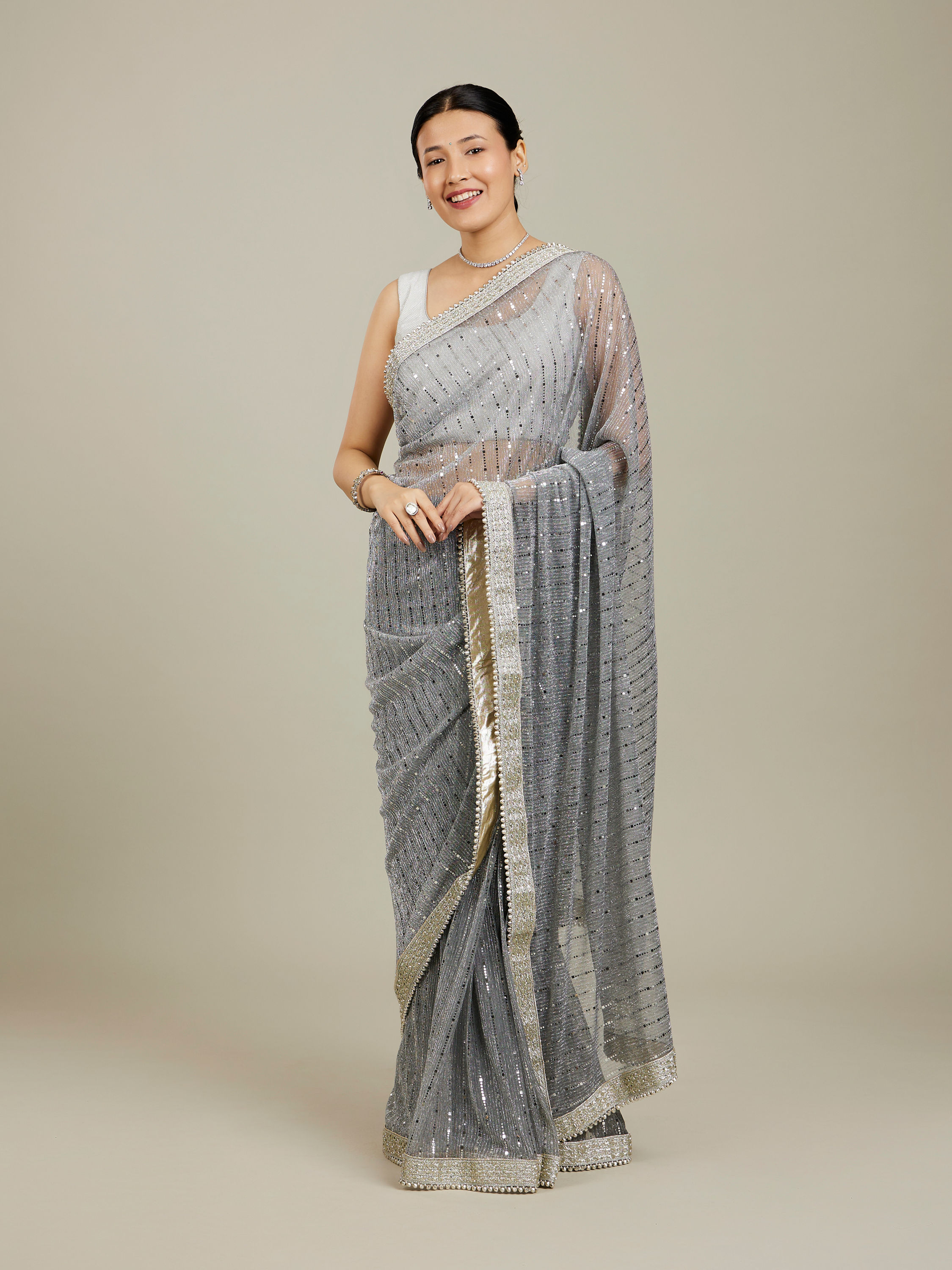 Mohey Women Light Grey Mirror Work Saree