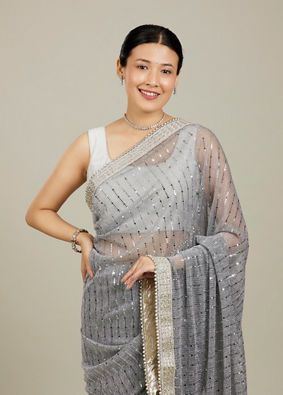 Mohey Women Light Grey Mirror Work Saree