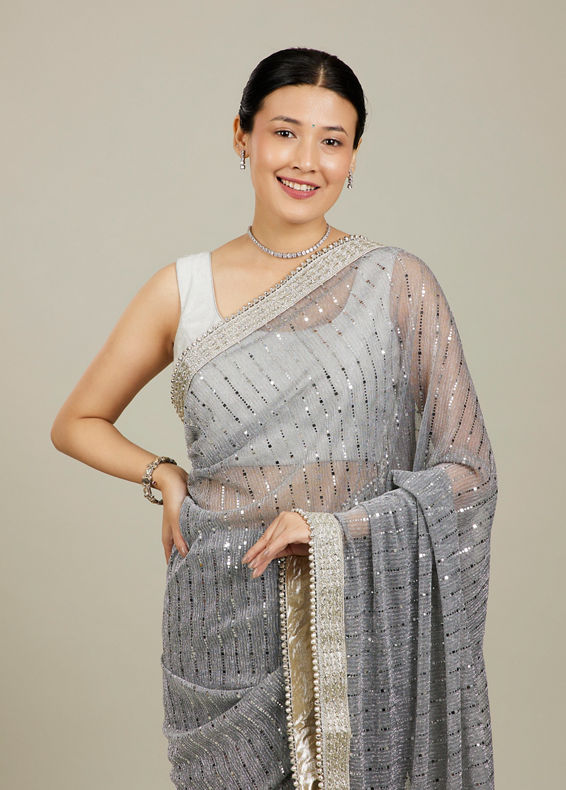 Mohey Women Light Grey Mirror Work Saree