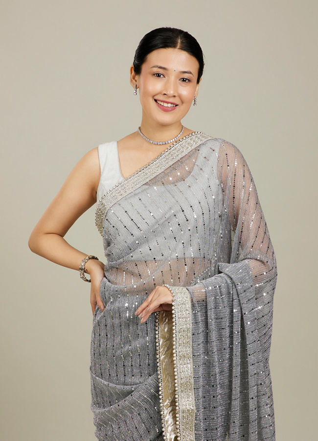 Mohey Women Light Grey Mirror Work Saree image number 1