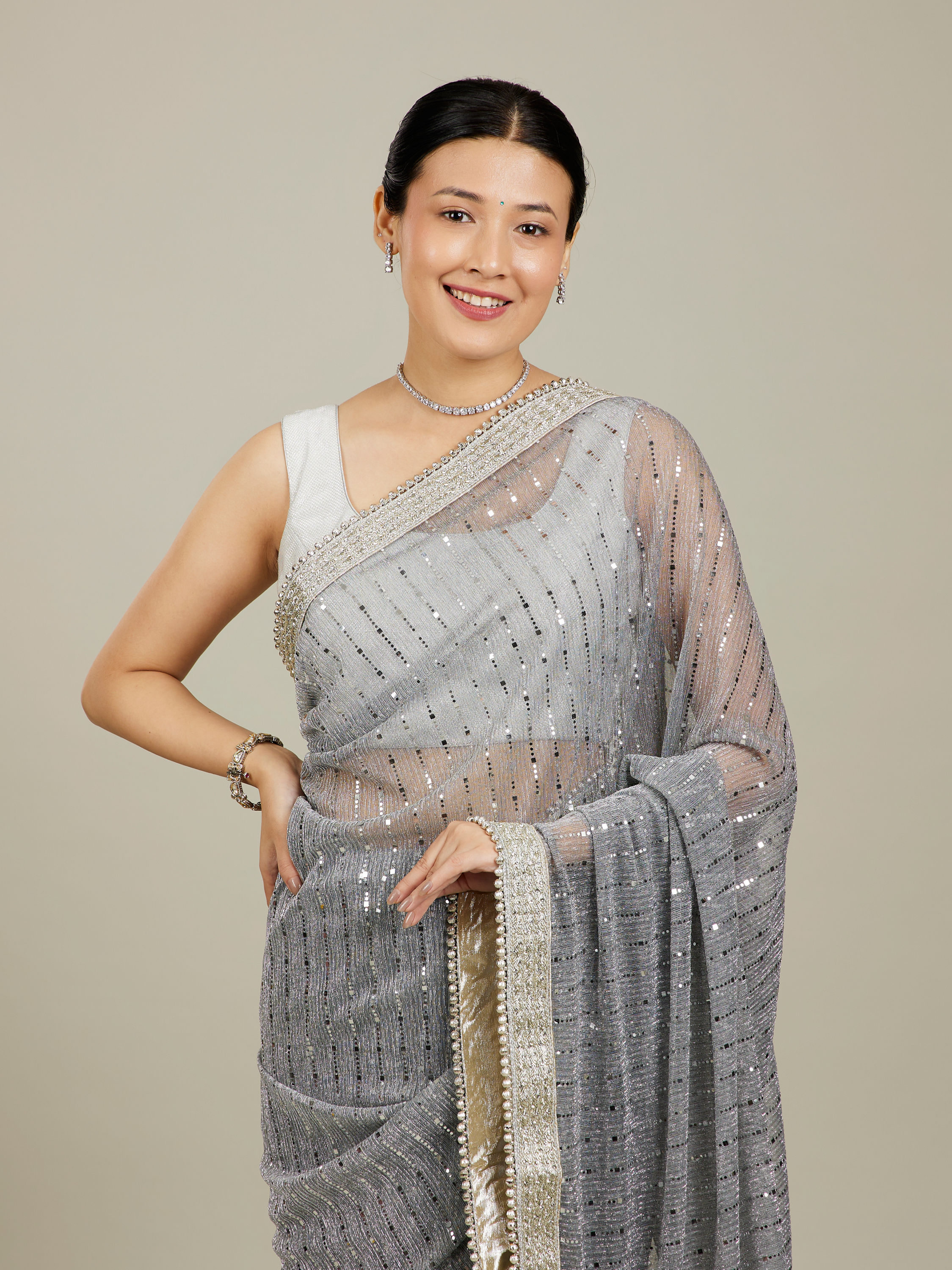 Mohey Women Light Grey Mirror Work Saree