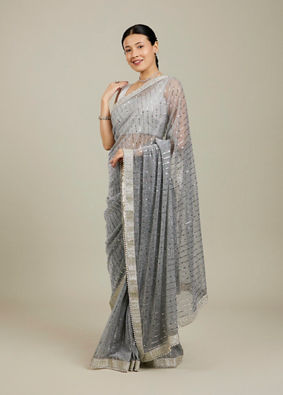 Mohey Women Light Grey Mirror Work Saree image number 2