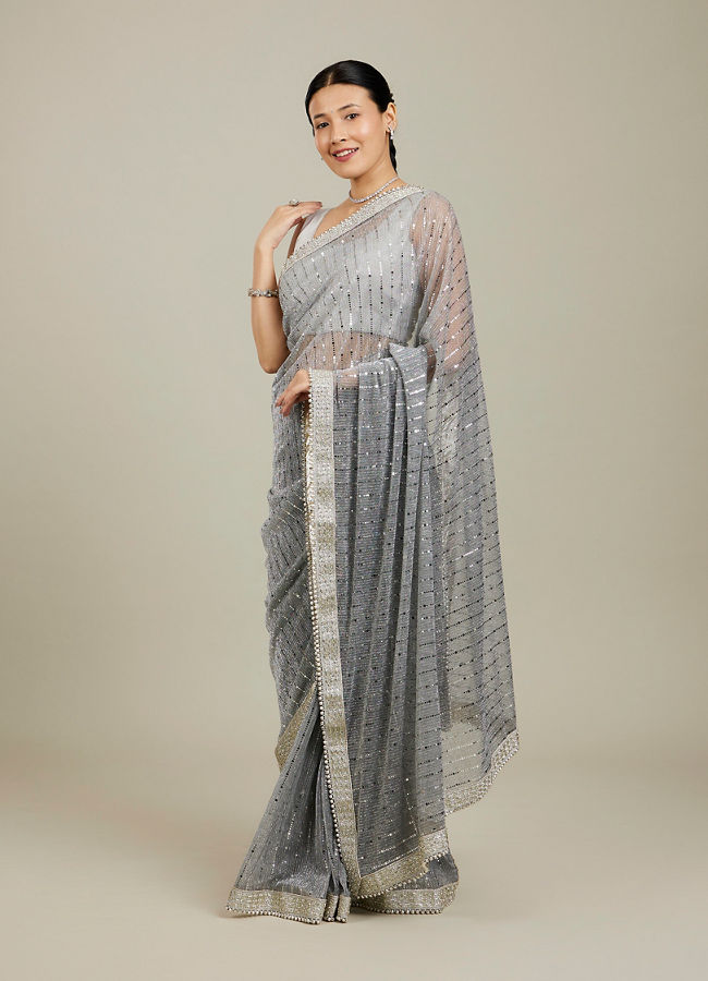 Mohey Women Light Grey Mirror Work Saree