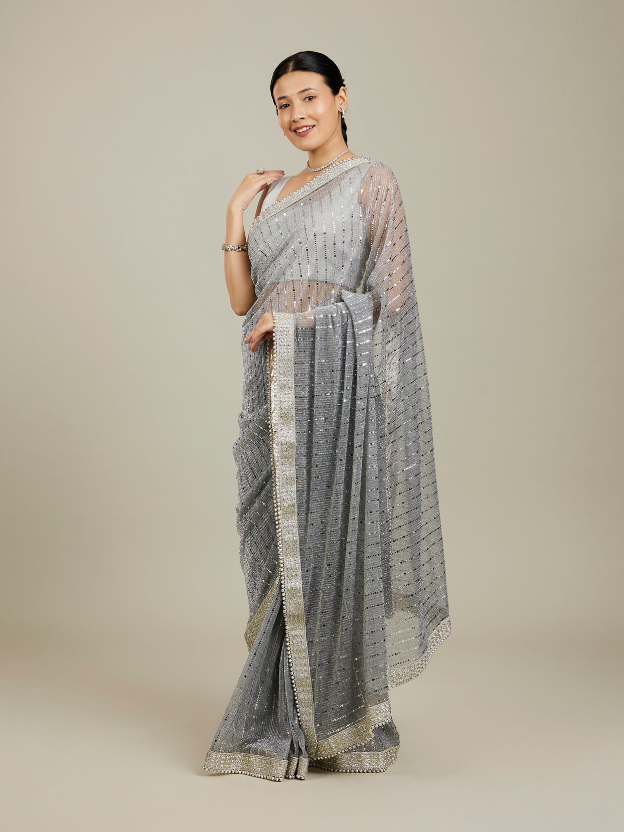 Mohey Women Light Grey Mirror Work Saree
