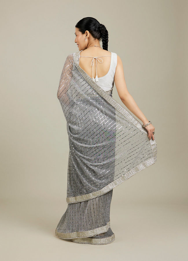 Mohey Women Light Grey Mirror Work Saree