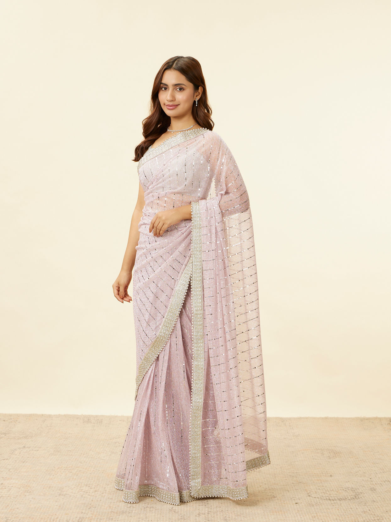 Mohey Women Carnation Pink Sequin Work Saree